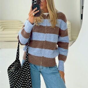Queena Zip Through Knit Sweater Blue Stripe - Princess Polly
